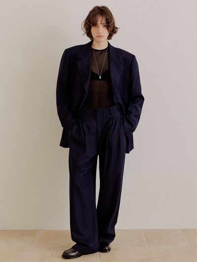 LeftSeoul Pinstripe Overfit Summer Wool Pants [Navy]