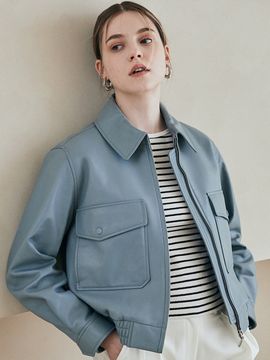 LeftSeoul Real Lambskin Pocket Cropped Jacket_Sky Blue