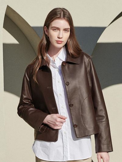 LeftSeoul Real Leather Loose Crop Jacket - Brown
