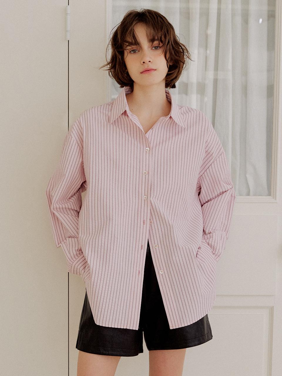 LeftSeoul Seersucker Overfit Stripe Shirt [Pink]