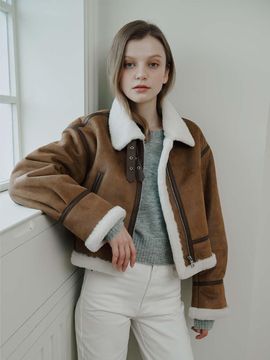 LeftSeoul Suede Cropped Fur Mouton Jacket [Beige]