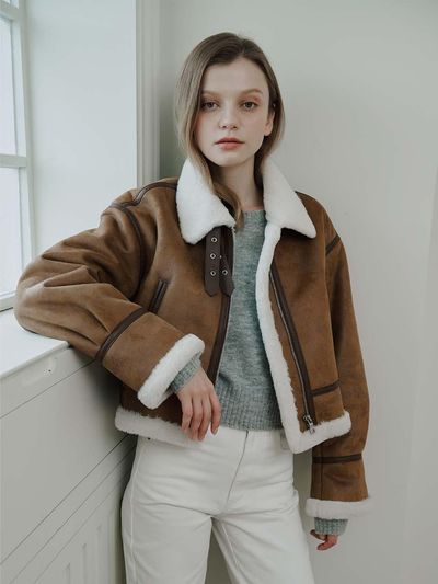 LeftSeoul Suede Cropped Fur Mouton Jacket [Beige]