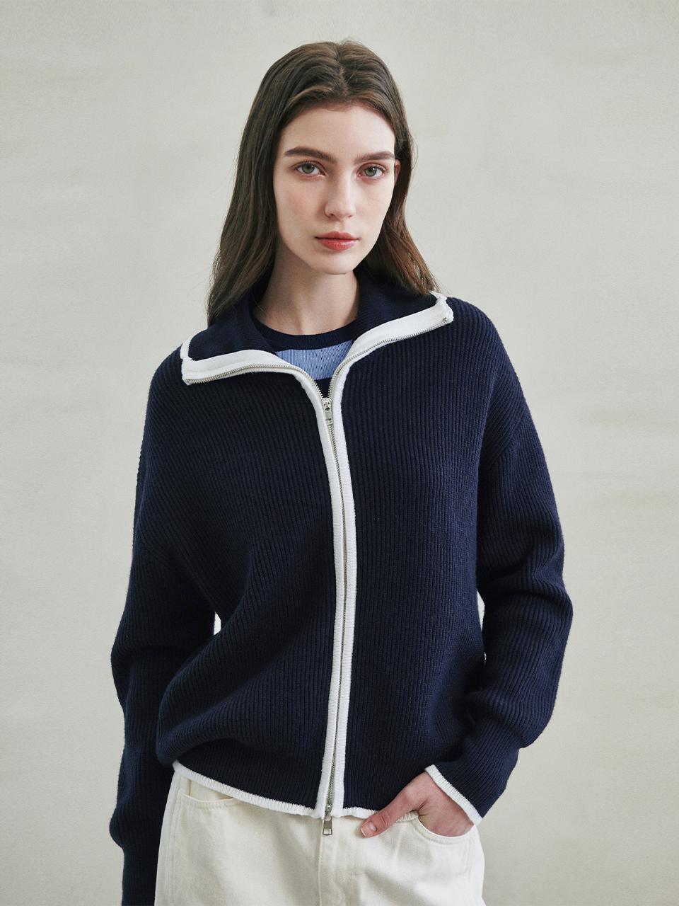 LeftSeoul Trimmed Knit Zip-Up - Navy