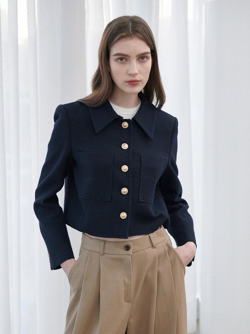 LeftSeoul Tweed Pocket Crop Jacket - Navy