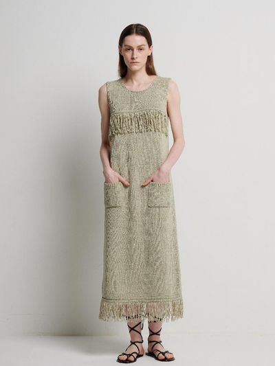 LEGERE Tassel Long Knit Dress_Light Khaki