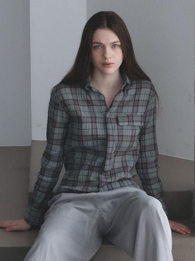 LEI AVERY Hidden button checkered shirt (Green Khaki)