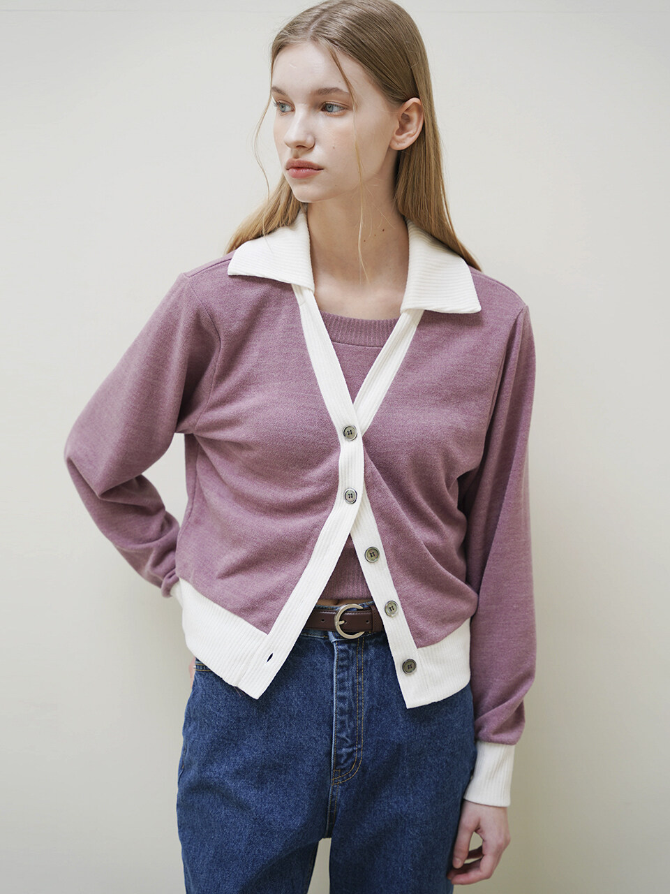 LEIE Becky Coloring Collar Knit Cardigan _ Pink