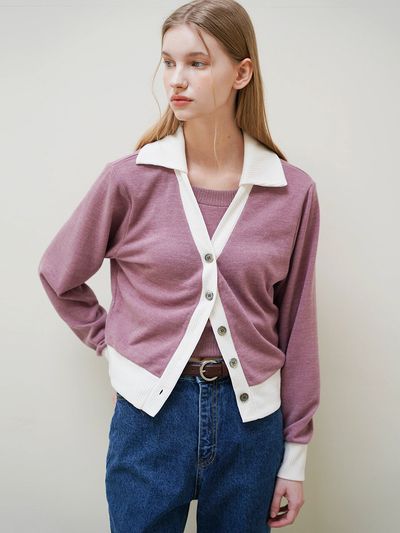 LEIE Becky Coloring Collar Knit Cardigan _ Pink