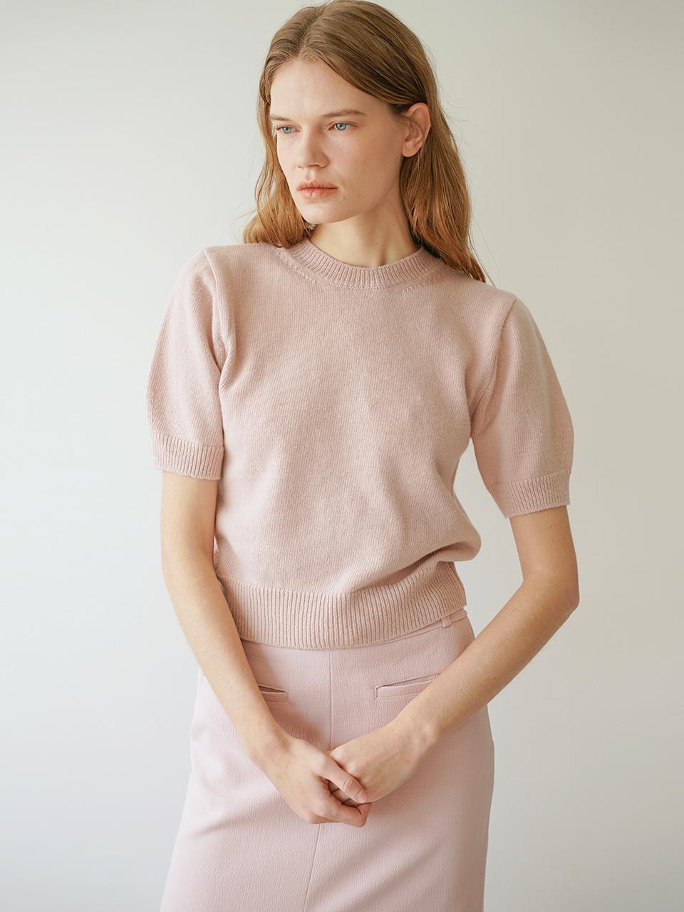 LEIE Cashmere Round Neck Puff Short Sleeve Sweater Pink
