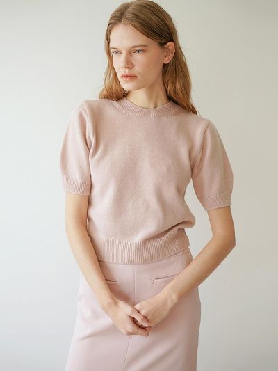 LEIE Cashmere Round Neck Puff Short Sleeve Sweater Pink