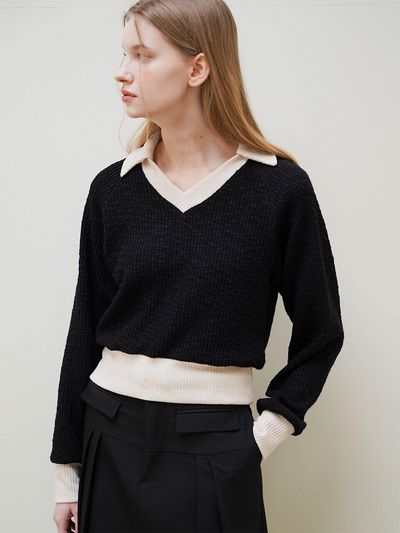 LEIE Daisy Coloring Collar V Neck Knit _  Black