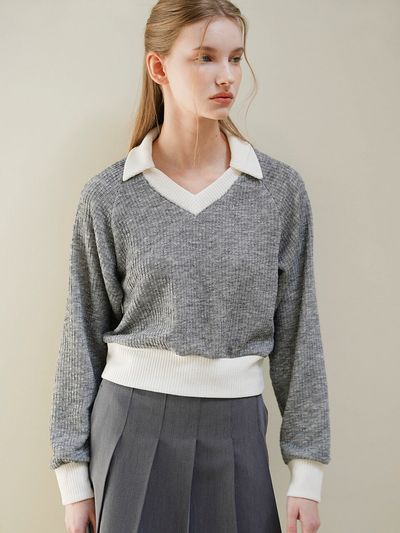 LEIE Daisy Coloring Collar V Neck Knit _ Grey