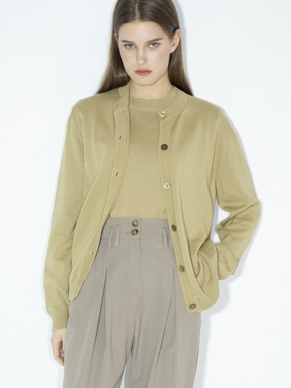 LEIE Jina Round Button Knit Cardigan _Khaki Beige
