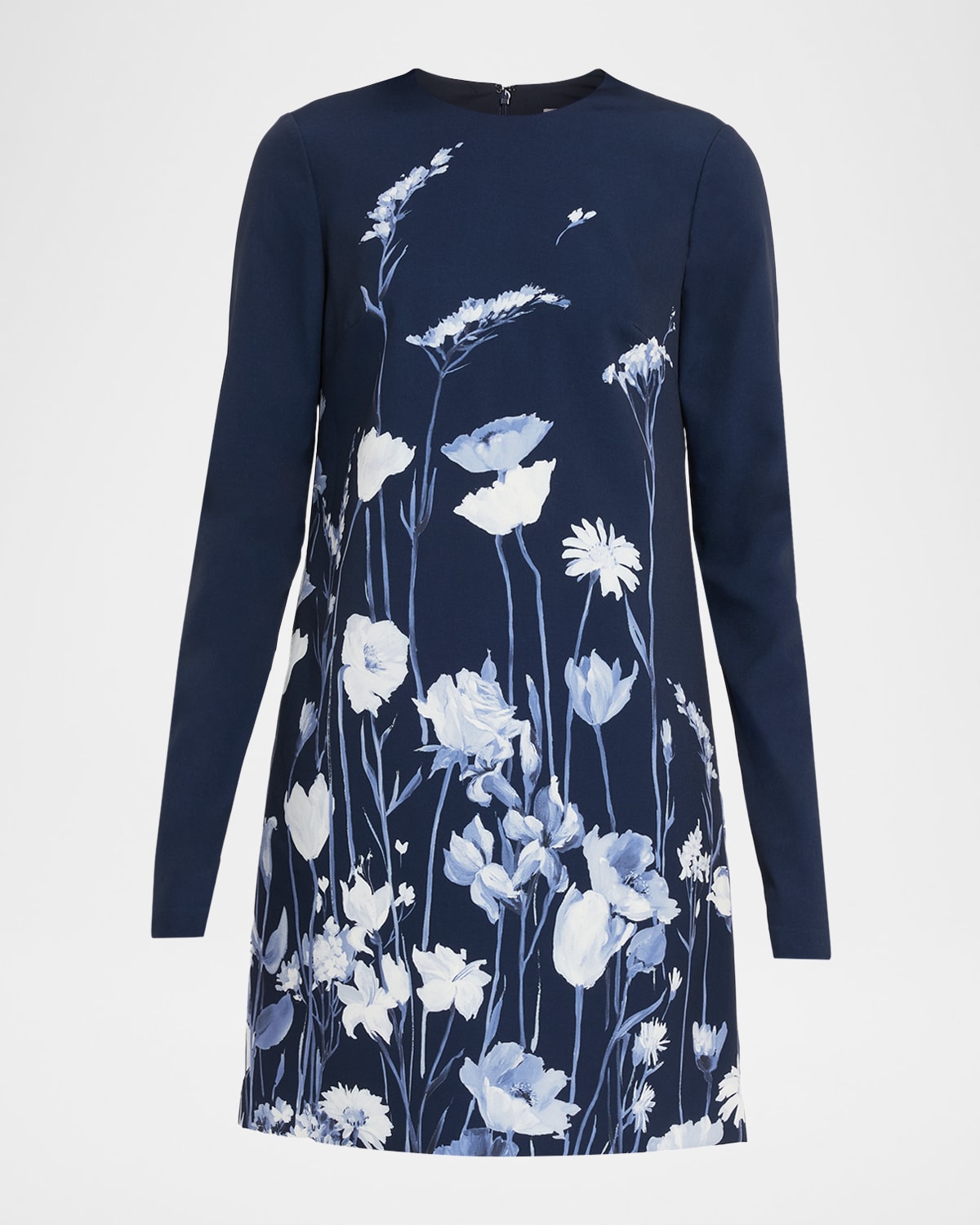 Lela Rose Floral Crepe Long-Sleeve Mini Dress
