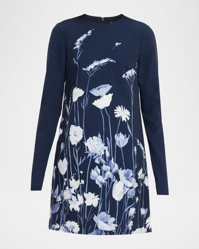 Lela Rose Floral Crepe Long-Sleeve Mini Dress