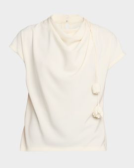 Lela Rose Flower Applique Cowl-Neck Fluid Crepe Blouse
