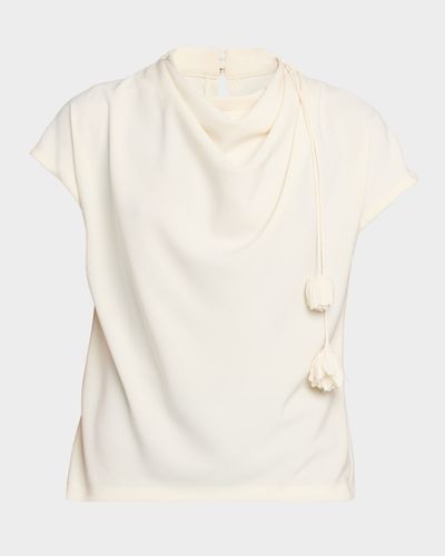 Lela Rose Flower Applique Cowl-Neck Fluid Crepe Blouse