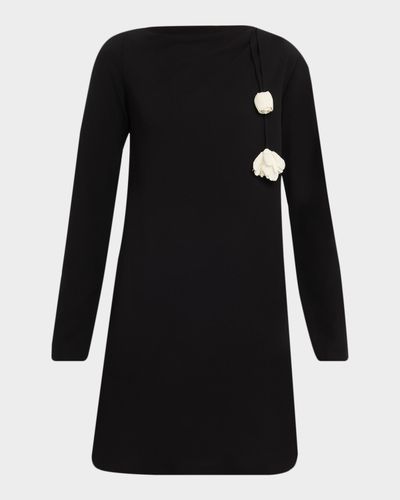 Lela Rose Flower Applique Long-Sleeve Fluid Crepe Mini Dress