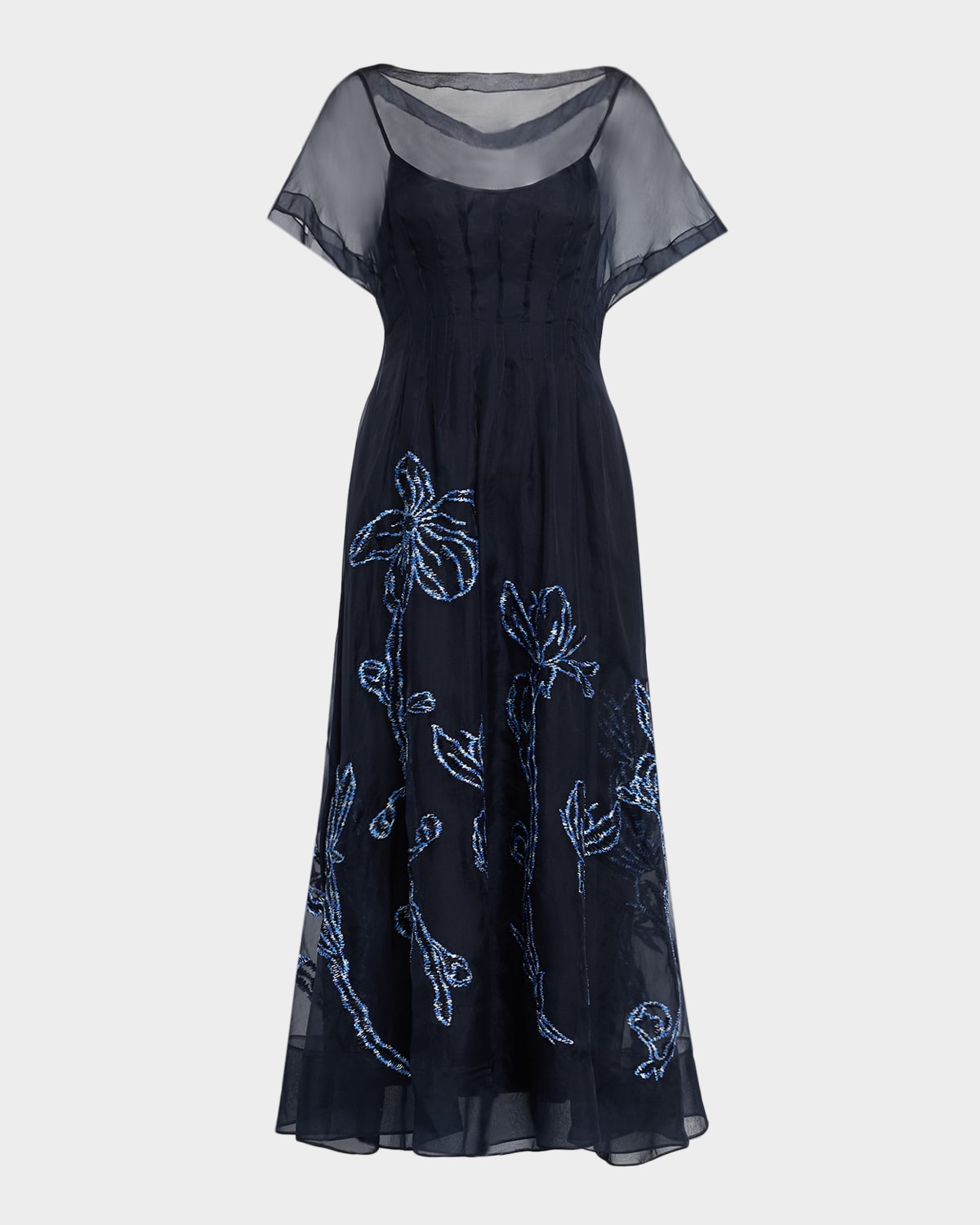 Lela Rose Ikat Floral Embroidered Organza Midi Dress