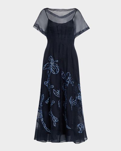 Lela Rose Ikat Floral Embroidered Organza Midi Dress