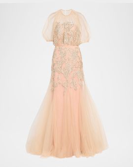 Lela Rose Ikat Floral Embroidered Tulle Trumpet Gown