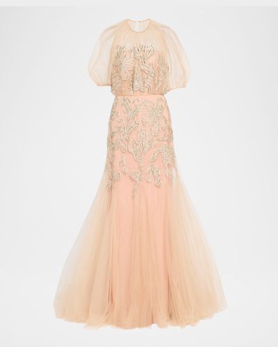 Lela Rose Ikat Floral Embroidered Tulle Trumpet Gown