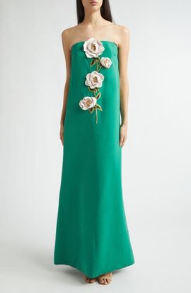 Lela Rose Lela Rose 3D Peony Embroidered Strapless Faille Gown