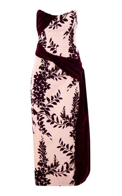 Lela Rose Lela Rose Exclusive Draped VelvetSash FlockedTaffeta Midi Column Dress