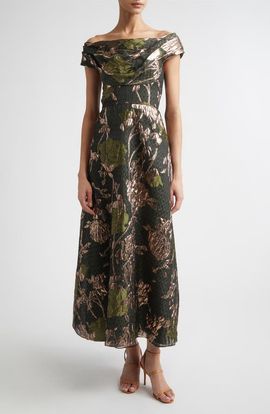 Lela Rose Lela Rose Floral Draped Metallic Fil Coupé Fit & Flare Dress