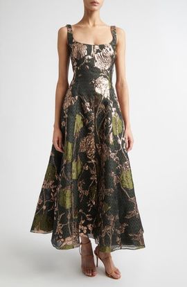 Lela Rose Lela Rose Olivia Floral Metallic Fil Coupé Fit & Flare Dress