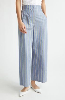Lela Rose Lela Rose Stripe Hollywood Waist Cotton & Linen Wide Leg Ankle Pants