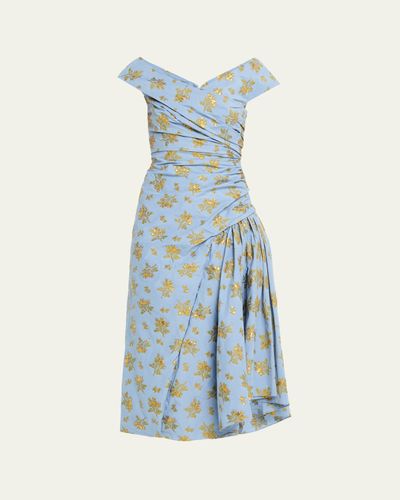 Lela Rose Metallic Floral Fil Coupe Draped V-Neck Midi Dress