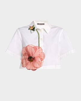 Lela Rose Peony Embroidered Crop Button-Down Shirt