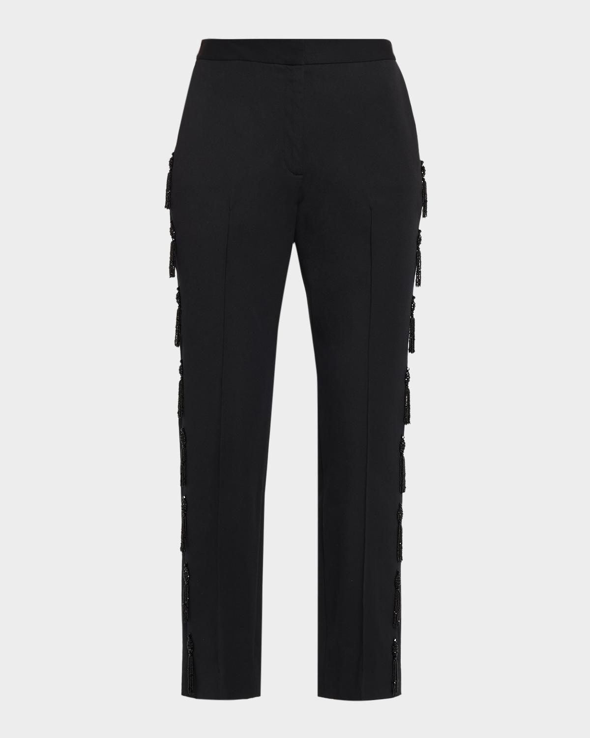 Lela Rose Tassel Embroidered Straight-Leg Ankle Trousers