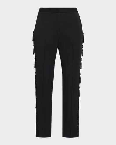 Lela Rose Tassel Embroidered Straight-Leg Ankle Trousers