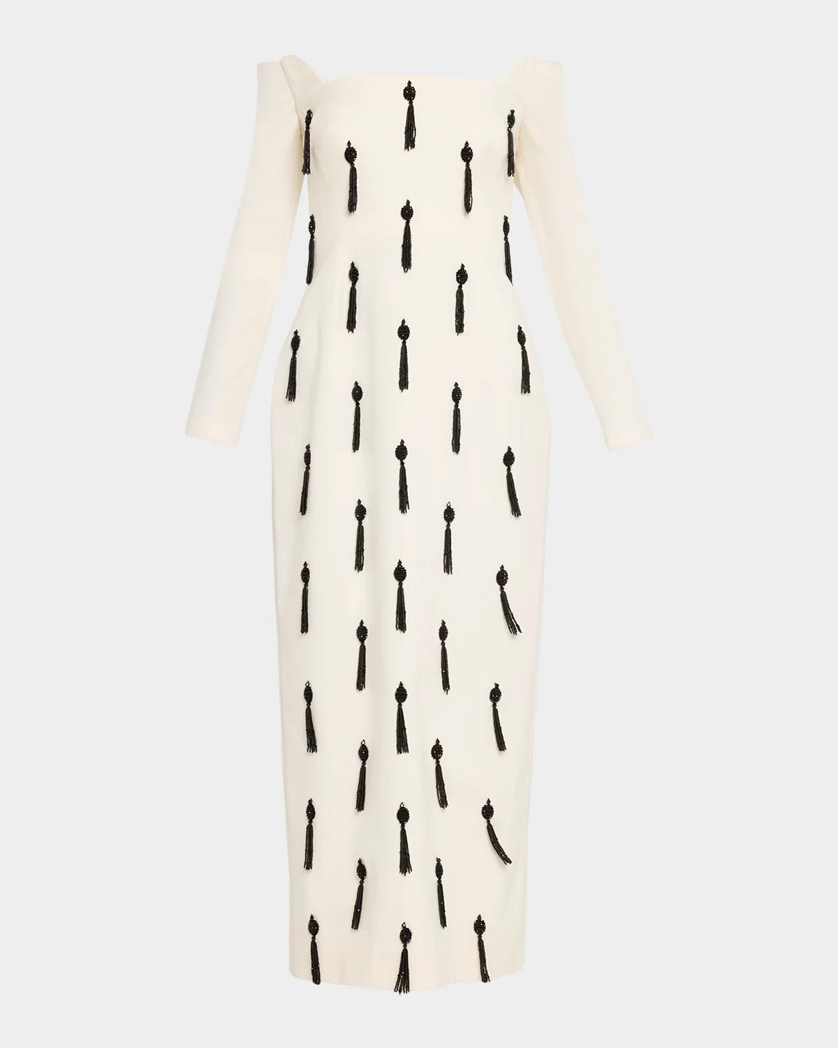 Lela Rose Tassel Embroidered Stretch Cotton Off-The-Shoulder Column Dress