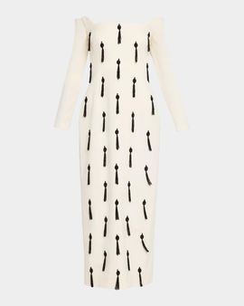 Lela Rose Tassel Embroidered Stretch Cotton Off-The-Shoulder Column Dress