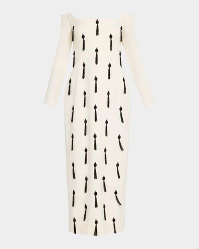 Lela Rose Tassel Embroidered Stretch Cotton Off-The-Shoulder Column Dress
