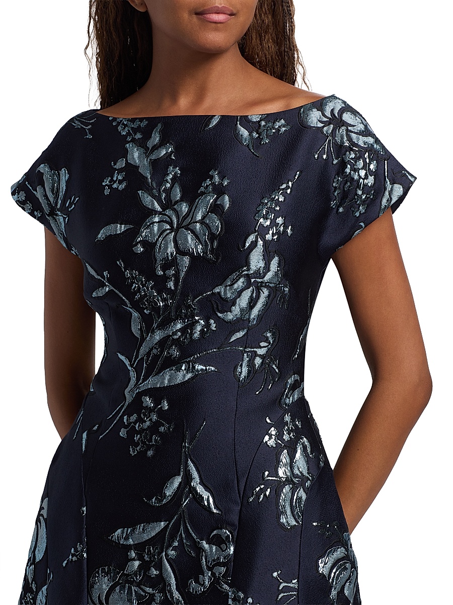 metallic floral jacquard fit & flare dress Plus Size V Neck Metallic Jacquard Fit And Flare Midi Dress In Hunter Gold, Hunter/Gold / Plus Size / 18