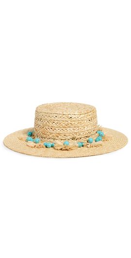 Lele Sadoughi Lele Sadoughi Turquoise Poms Straw Hat Natural One