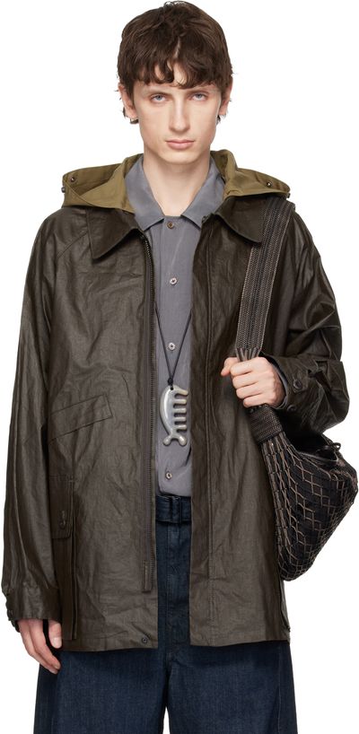 LEMAIRE LEMAIRE Brown Detachable Hood Coated Technical Linen Rain Jacket