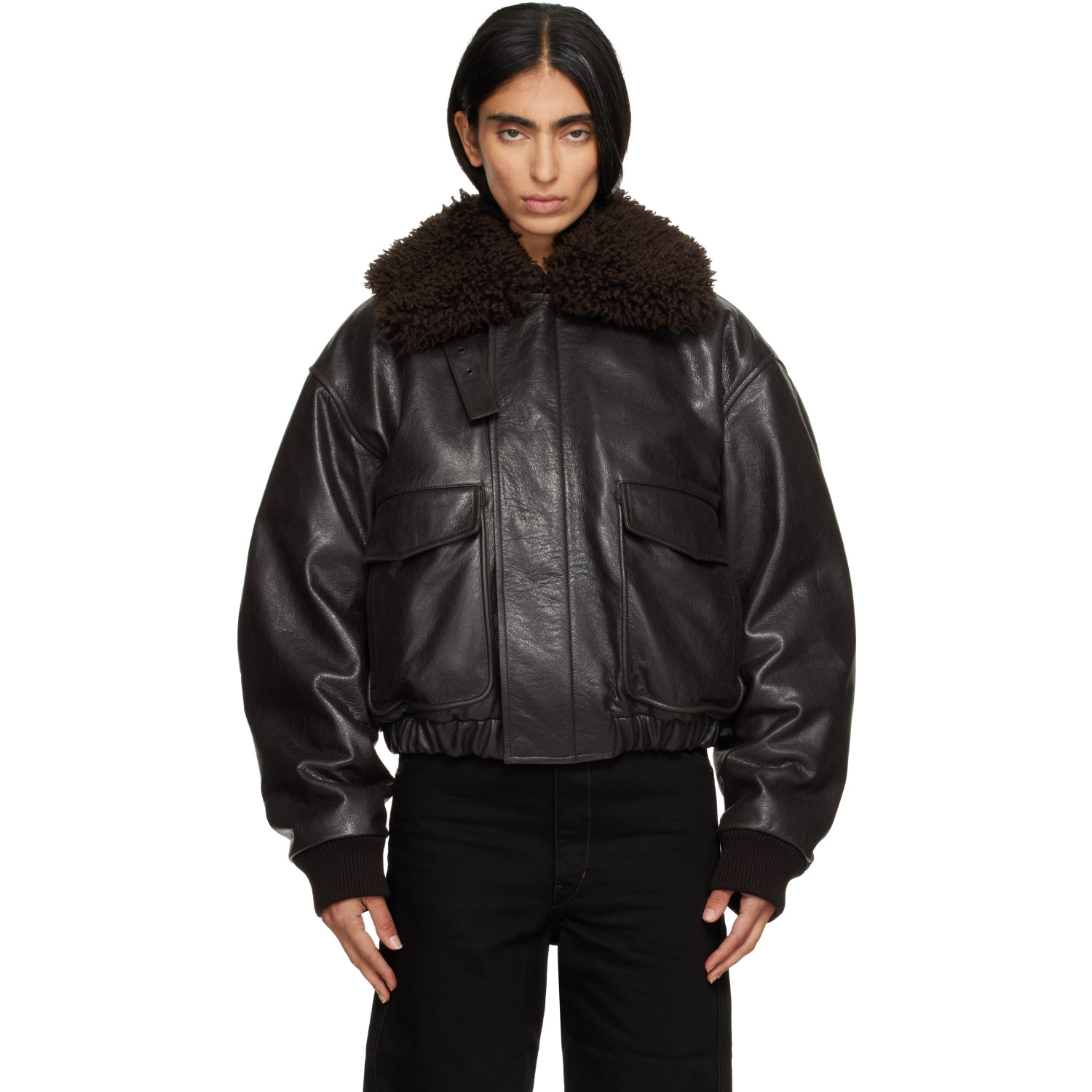 LEMAIRE - Brown Leather Pilot Blouson Jacket