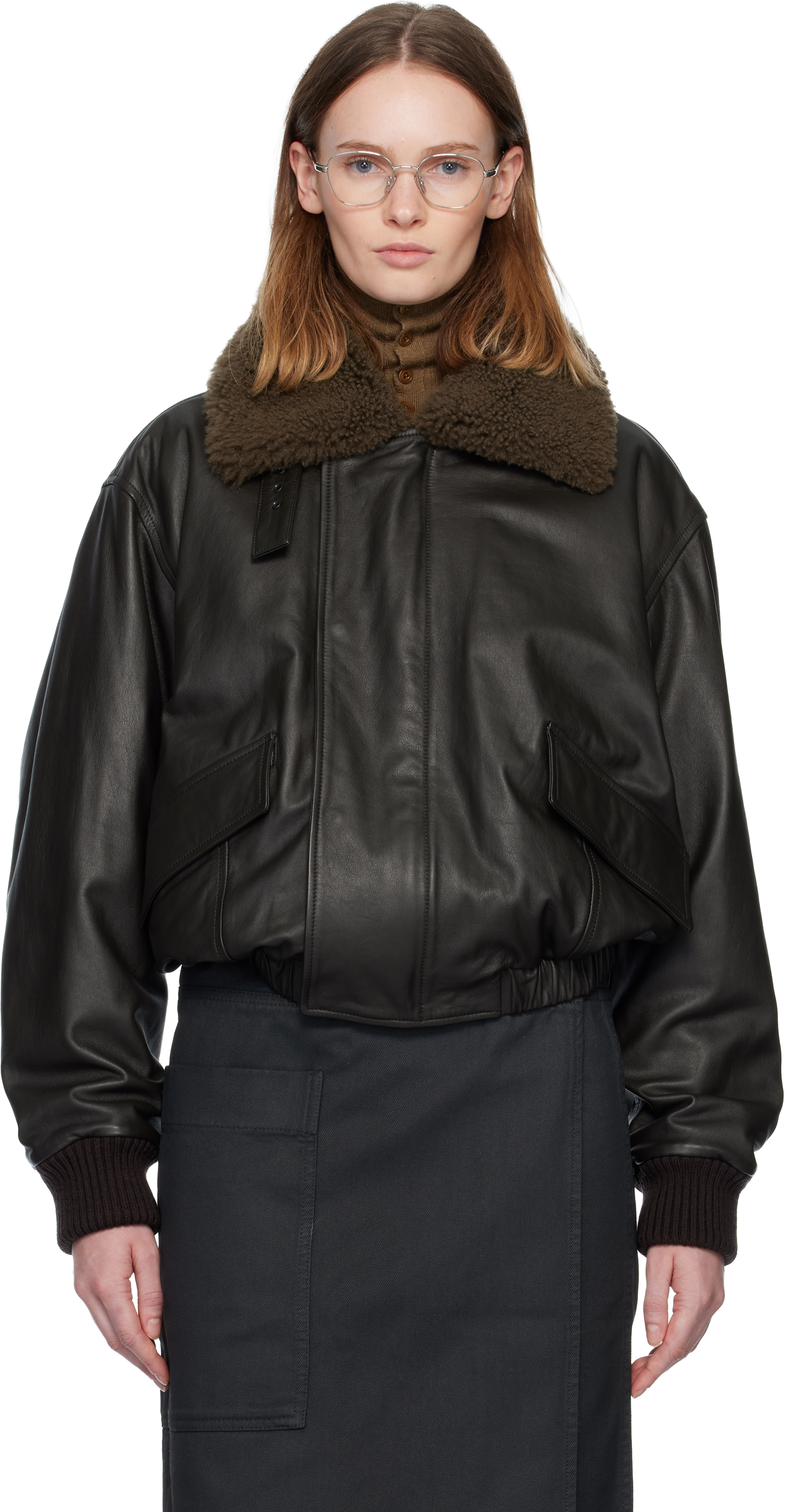 LEMAIRE - Brown Shearling Collar Blouson Leather Jacket