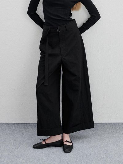 lemalere [Set] Wide Turn Up Belt Pant - Black