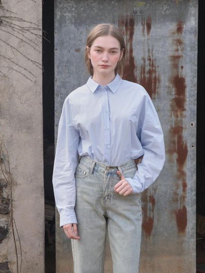 LENINA Basic Cotton Oversized Relaxed Shirt [Blue]