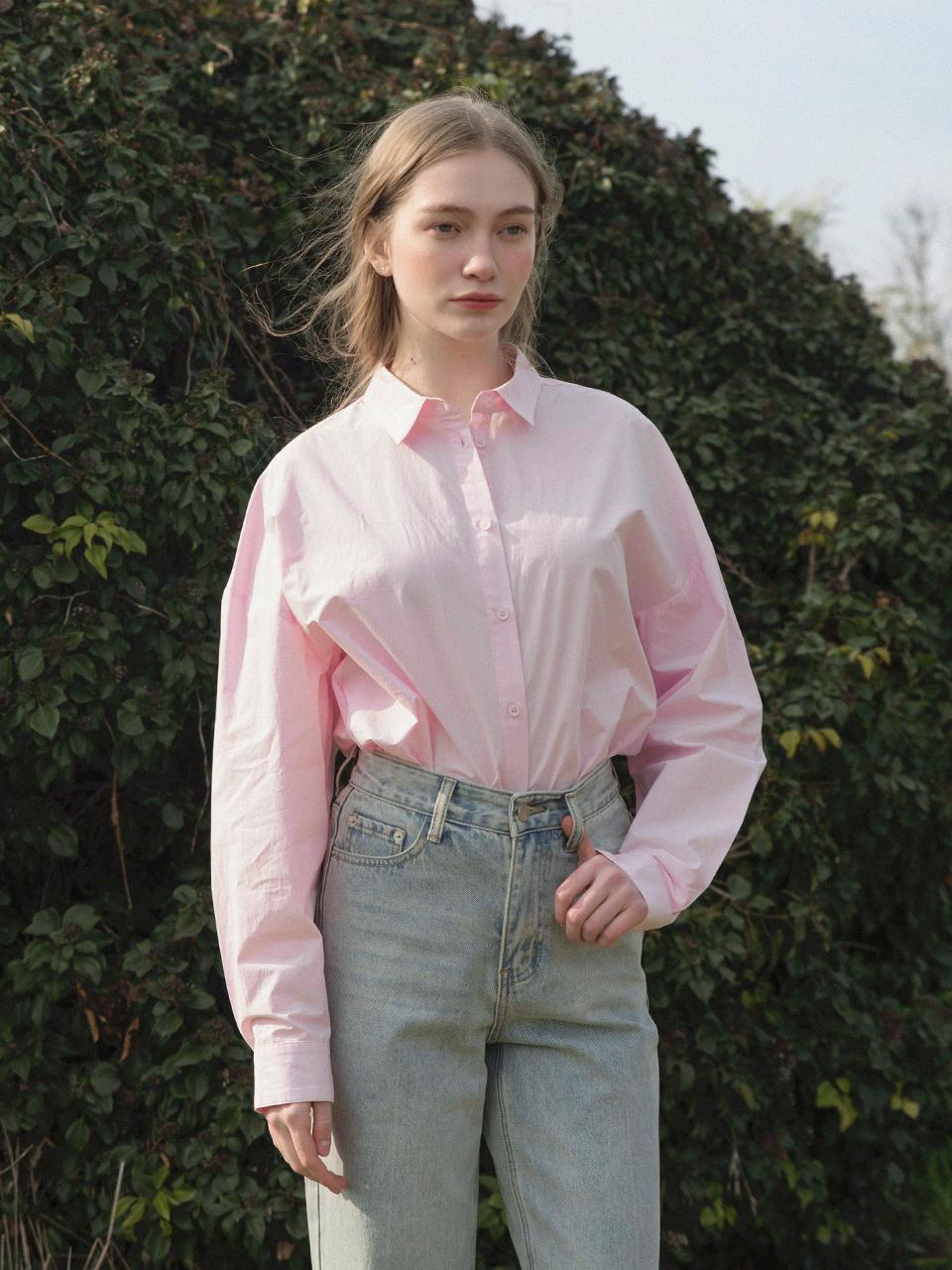 LENINA Basic Cotton Oversized Relaxed Shirt [Pink]
