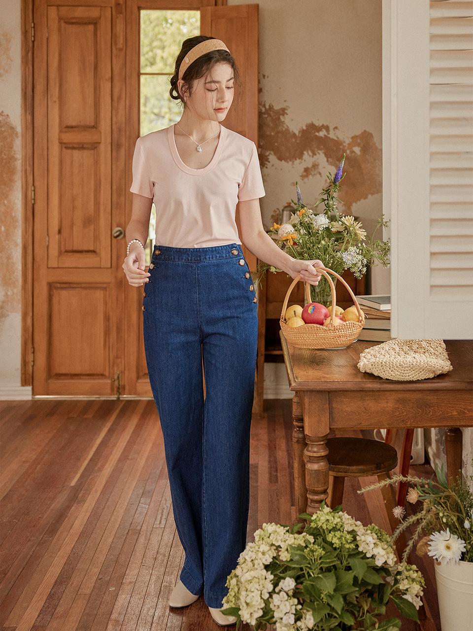 LENINA Button Up Wide Pants [Green/Blue]