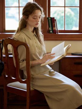 LENINA Classic H-line Long Twill Dress [Beige]