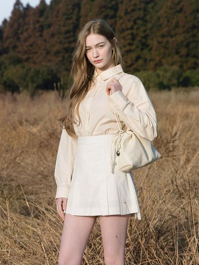 LENINA Cotton Pleated Mini Skirt [Beige]