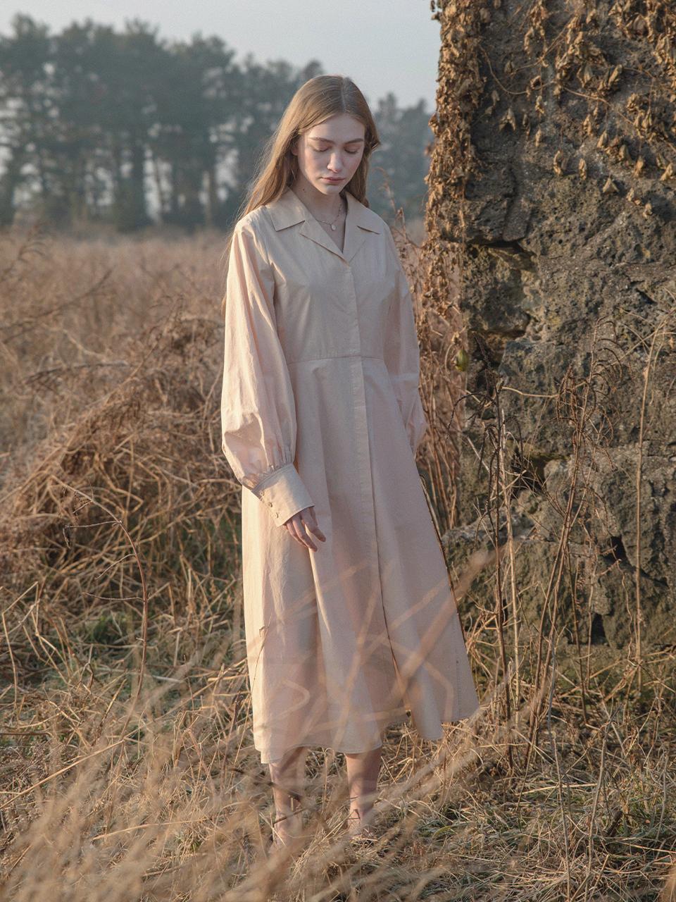 LENINA Cotton V-neck Asymmetrical Shirt Dress [Apricot Beige]